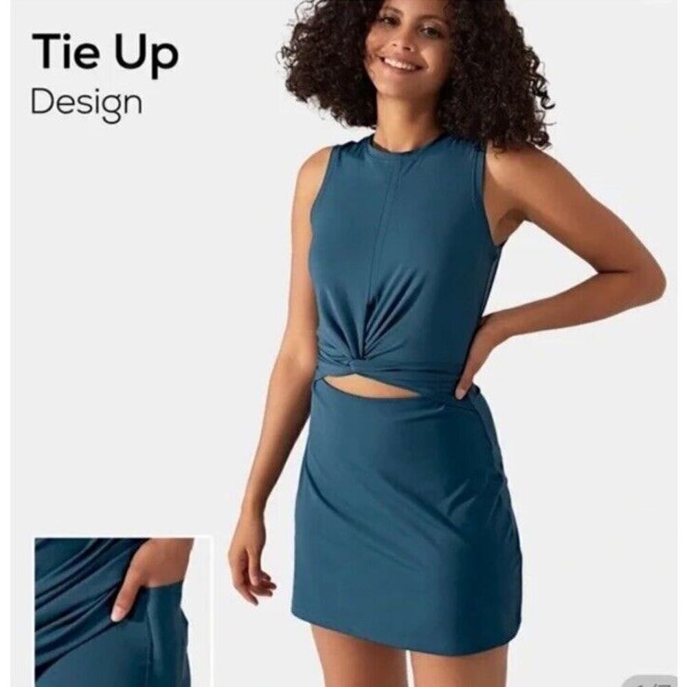 Halara Everyday One-Piece Yoga Mini Dress Cutout Tie Knot Size XS Blue Women’s - Picture 7 of 9